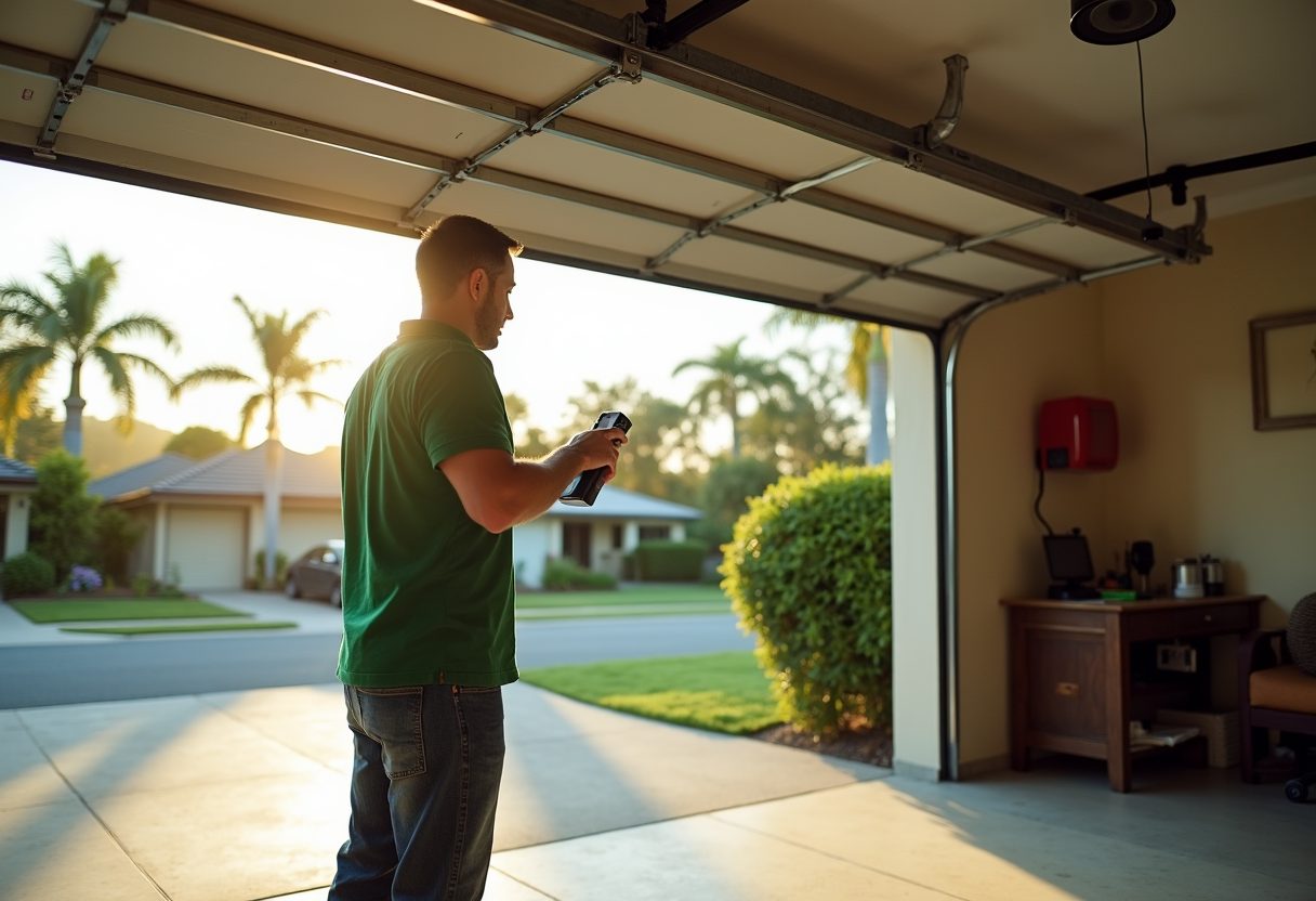 Technician adjusting a belt-drive garage opener — Main Beach